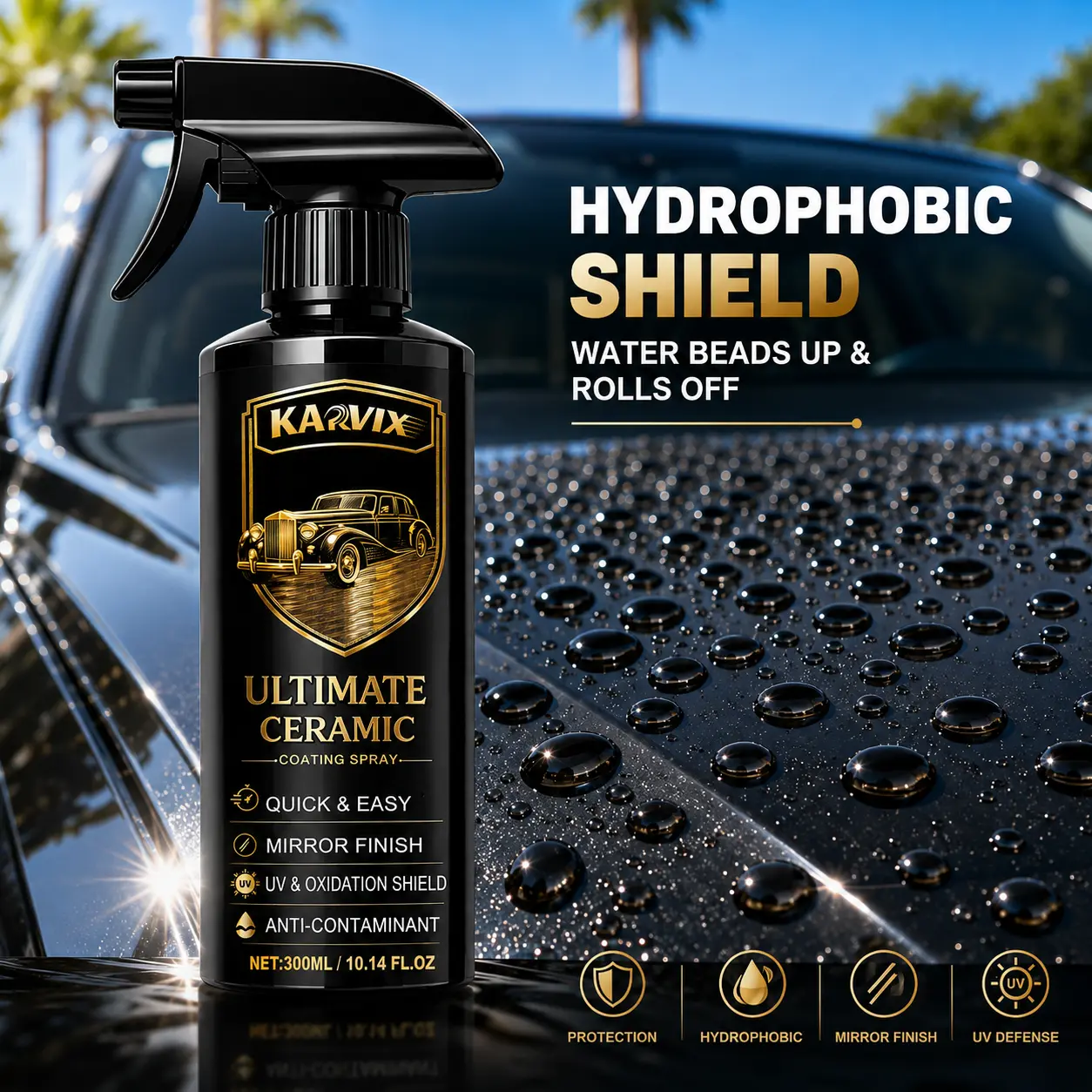Car Wax Ceramic Coating Spray, Professional Car Paint Restorer - High Gloss Mirror Finish, Hyper Hydrophobic Shield, Long-Lasting Paint Sealant Protection - 10.14 fl.oz