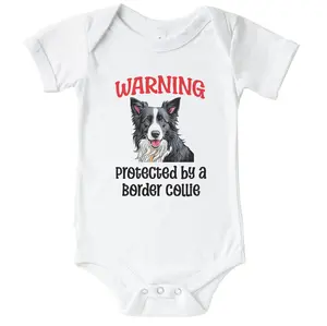 Warning Protected By A Border Collie Funny Dog Breed Baby Bodysuit