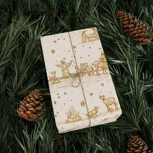 Golden Nativity Scene Wrapping Paper, Luxe Gold Christmas Gift Wrap, Jesus Holiday Gift Wrap for Christian Christmas, Manger Scene Paper