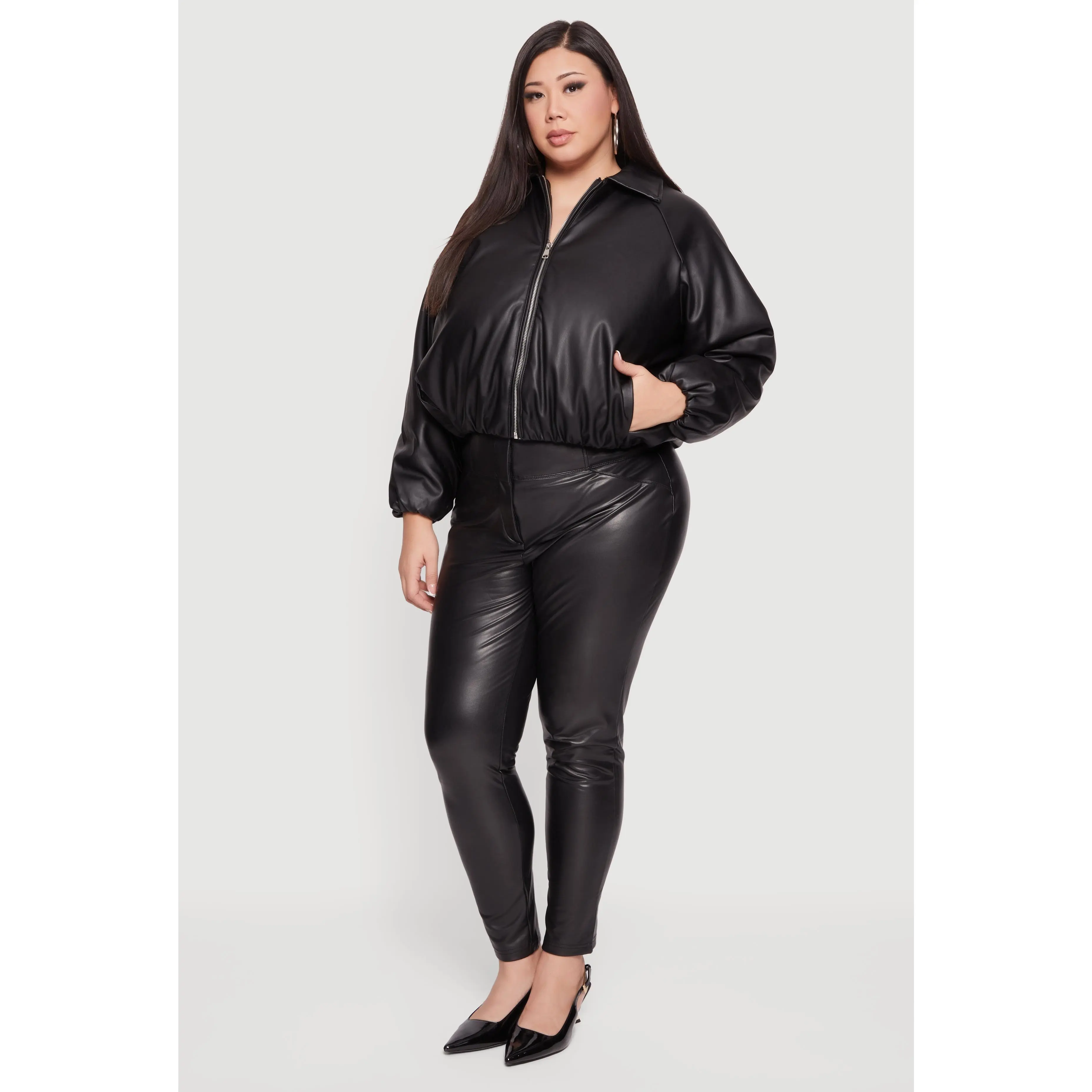 Plus Size Faux Leather Zip Front Bubble Hem Jacket