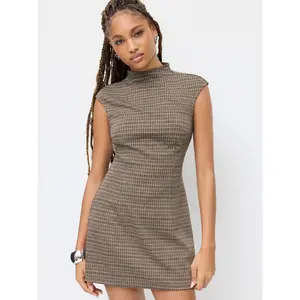 Cider Stand Collar Check Mini Shift Dress