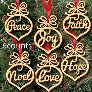 Wooden Christmas Ornament, 6 Counts/set Peace Joy Hope Love Letter Pattern Hanging Ornament, Festive Decorations for Home Party Tree