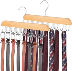 Belt Hanger for Closet, 2 Pack Closet Organizers and Storage Belt Rack Max 48 Belts, Multifunction Wooden Hanger Tie Rack