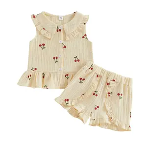 [Yomi Kids] Baby Kids Girls Shorts Set, Cherry Print Sleeveless Doll Collar Button Closure Tank Top and Shorts Summer 2-piece Outfit