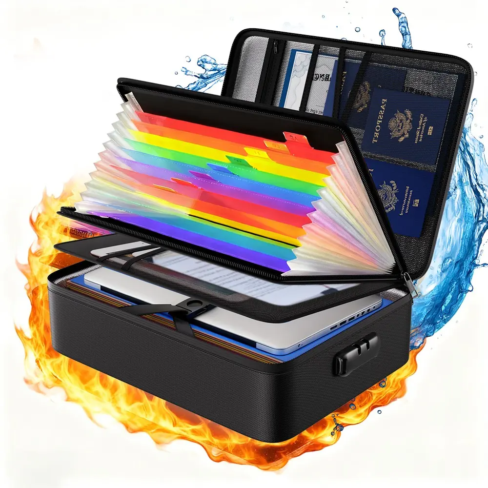 Lockable Fireproof Waterproof File Bag, Essential Portable Organizer, Fireproof Document Organizer for Home Office & Travel, Includes 13 Colorful Pouches, File Storage Bag, Laptop Compatible
