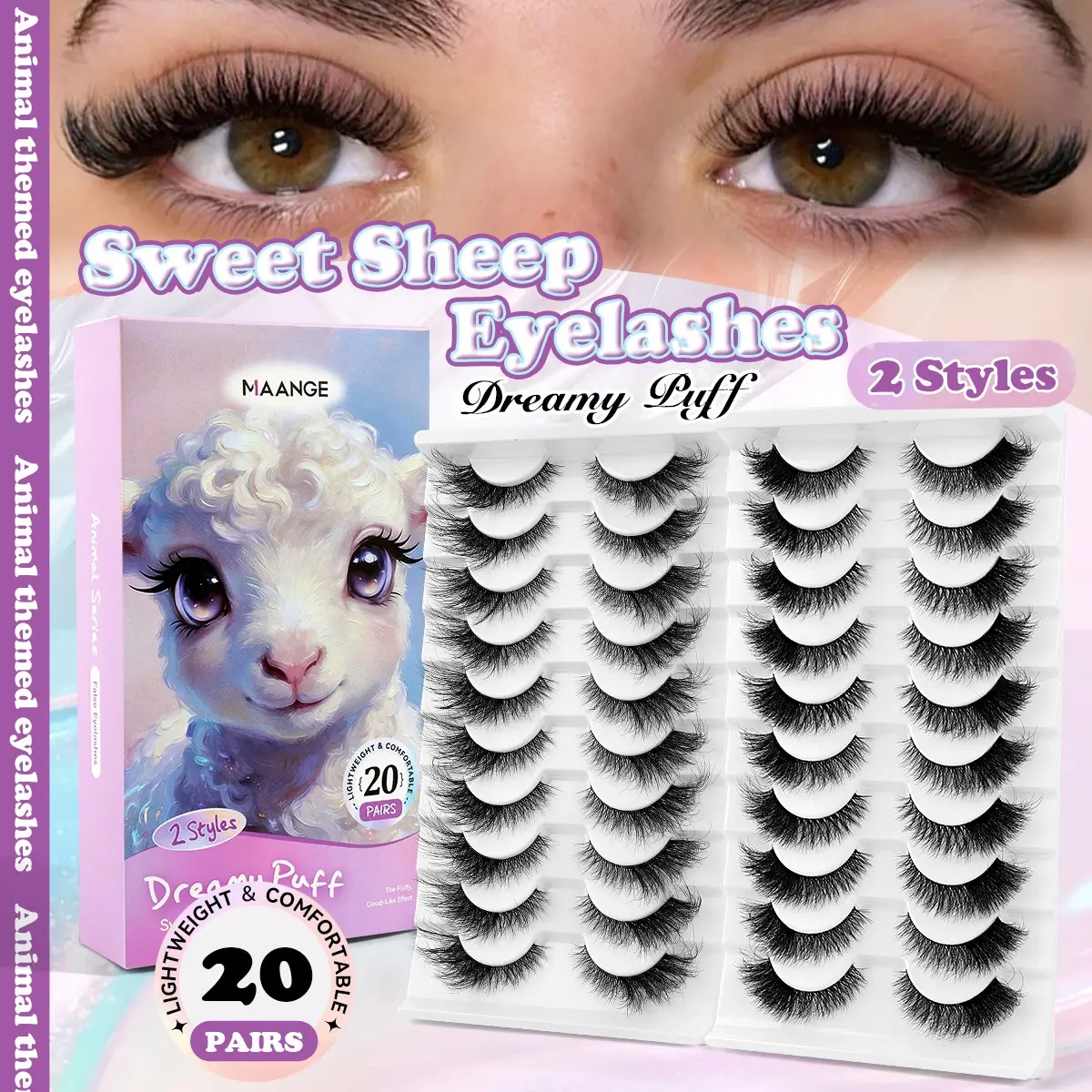 MAANGE 20 Pairs Sweet Sheep False Lashes, Fashion Eyelashes, Volume Fluffy Lashes, C Curl Cloud-Like Style, Lightweight & Comfortable, 2 Styles Mixed, Soft Voluminous Lashes for Sweet Dreamy Makeup, Reusable Faux Mink Lashes