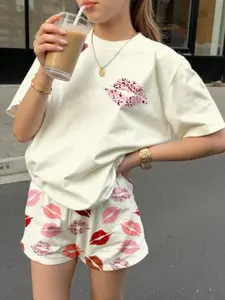 Summer 2-Piece Set Colorblock Print Teen Girl Casual Minimal Short Sleeve Top Shorts, Retro Street Style, Comfortable Fashion Clothing