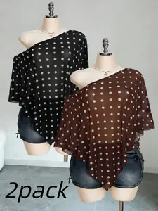 Summer Loose Fit Plus Size Mesh Polka Dot Tank Tops, Sexy Casual Outerwear Set, Two-Piece Fashionable for Women