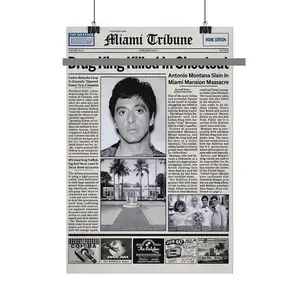 Pacino Tony Montana Newspaper Poster Print Scar Face Trendy Wall Art Canvas Collectible Gift for Movie Enthusiasts High-Quality Solid Wood Frame Waterproof Design