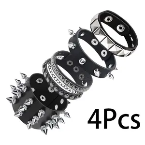 4pcs Punk Studded Faux Leather Bracelet Set - Handmade Faux Leather Cuffs with Studs, Unisex Faux Leather, Studded PU Bracelets, Perfect for Parties And Gifts