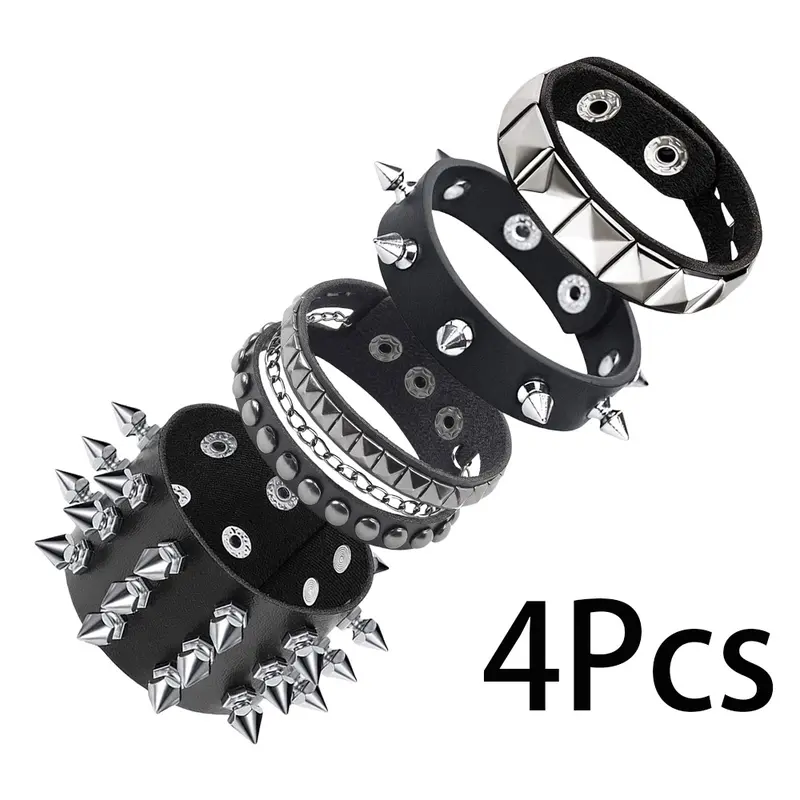 4pcs Punk Studded Faux Leather Bracelet Set - Handmade Faux Leather Cuffs with Studs, Unisex Faux Leather, Studded PU Bracelets, Perfect for Parties And Gifts