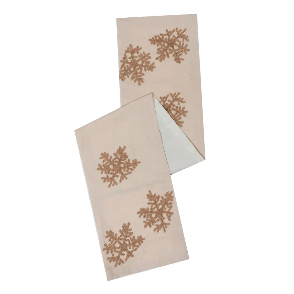 Cotton Linen Rectangular Table Runner, 12x60 in, Falling Flakes Design, Ecru - Home Kitchen Table Decor