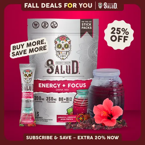 Salud 2-in-1 [Energy + Focus - Jamaica | Hibiscus] Clean Energy Drink Mix, Agua Fresca, Organic Caffeine, B6 & B12, L-Theanine, Drink Packets, Non-GMO, Gluten Free, Vegan, Low Calorie, 1g Sugar (15 Servings)