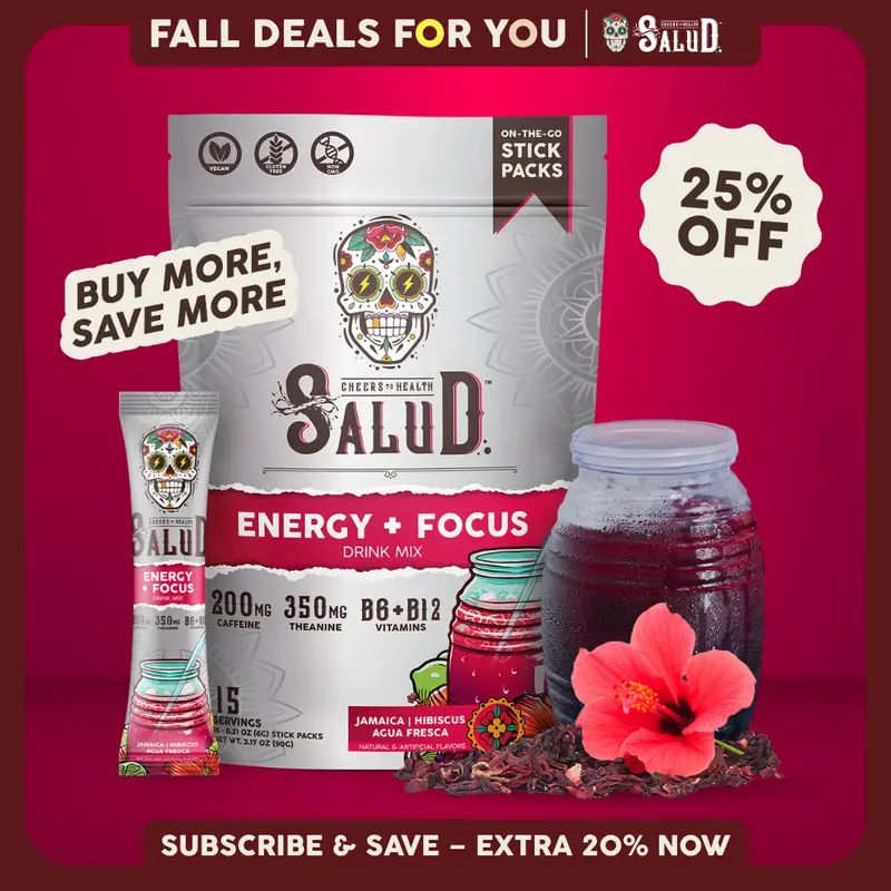 Salud 2-in-1 [Energy + Focus - Jamaica | Hibiscus] Clean Energy Drink Mix, Agua Fresca, Organic Caffeine, B6 & B12, L-Theanine, Drink Packets, Non-GMO, Gluten Free, Vegan, Low Calorie, 1g Sugar (15 Servings)