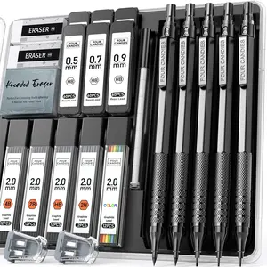 Metal Mechanical Pencil Set, 3PCS Art Drafting Pencils 0.5, 0.7, 0.9MM & 2PCS 2MM Mechanical Drawing Pencils with 420PCS Leads (4B 2B HB 2H Color) for Writing Sketching Drawing (Black)