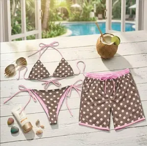 [Hot Summer 2026] - Couple Brown Polka Dot Bikini Set and Hawaiian Shorts, Cute Matching Summer Beach Outfit