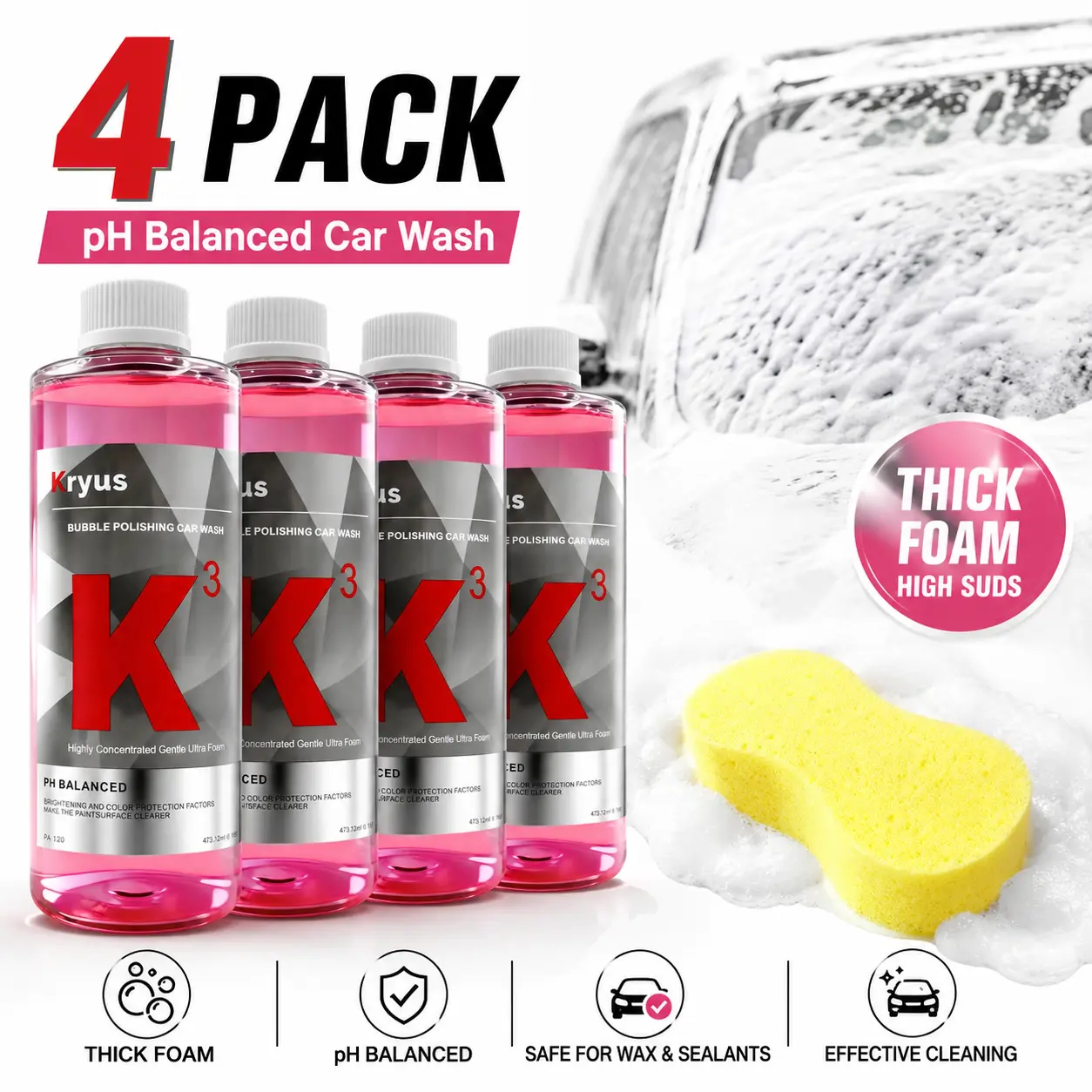 Kryus 500ml Foaming Car Shampoo, pH Balanced High Suds Cleaner, Bucket-Foam Cannon Compatible, Safe for Wax & Seals, Non-Stripping Washing Supplies with Free Sponge