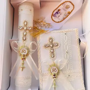 Traditional First Communion Gift Set - 8” Candle, Rosary, New Testament, Decorative Elements in Ivory Box for Boys & Girls (English & Spanish)