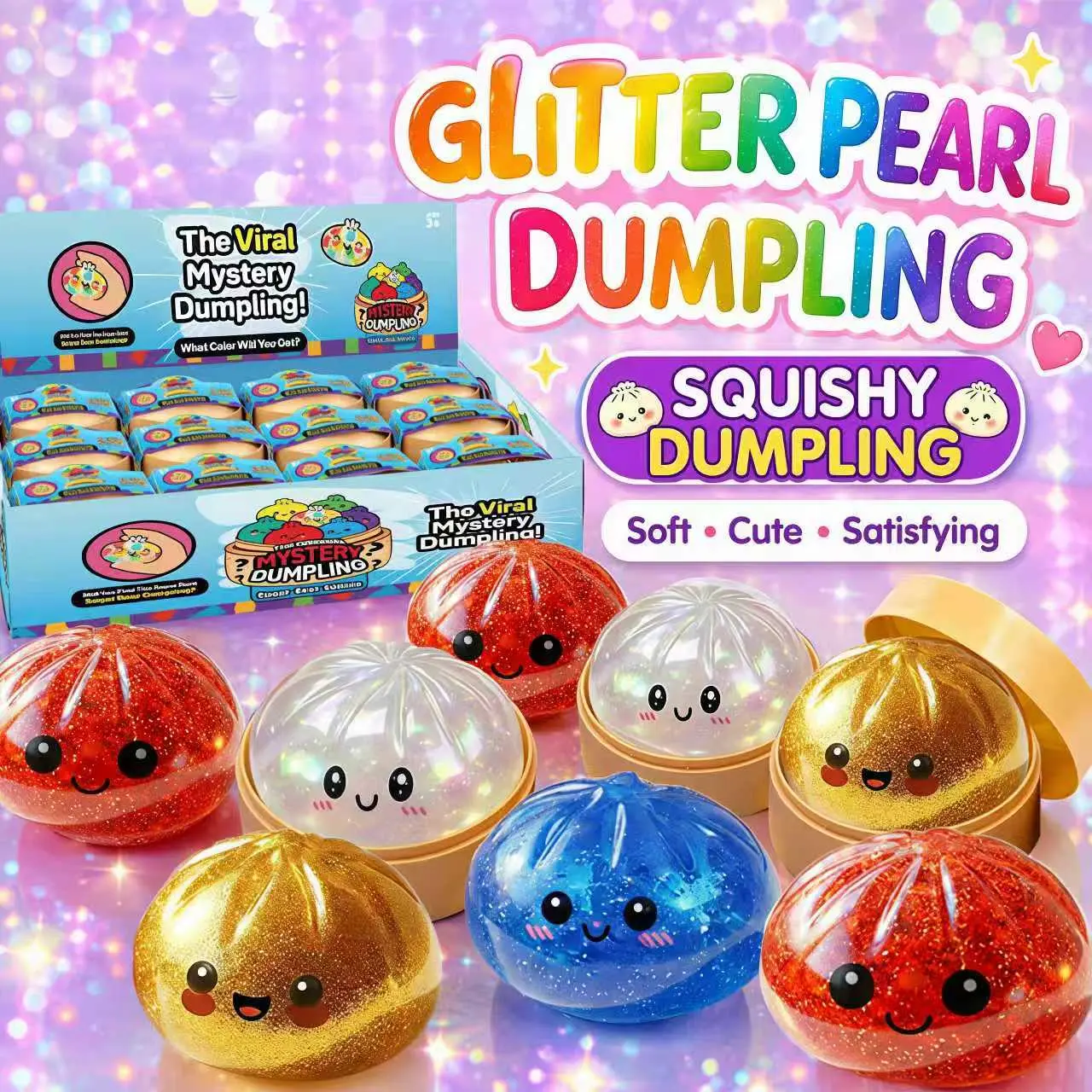 Glitter Series Expressive Big Dumpling Squishy Blind Box, Mysecret Bun Fidget Toy, Soft TPR, Stress Relief, Unboxing Surprise, Random Rare Style. Ideal for Graduation, Valentine’s Day & Easter, great for students and kids to exchange gifts.