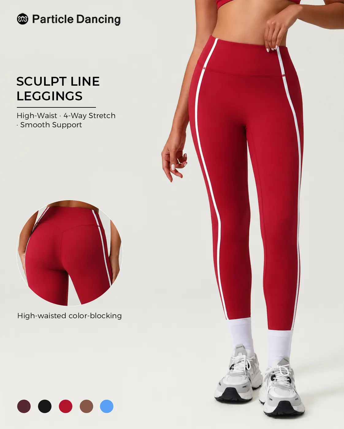 Women’s High Waisted Workout Leggings, Red Ankle Length Yoga Pants with White Side Stripe, Sculpting Activewear Tights for Gym, Pilates, Running and Everyday Wear