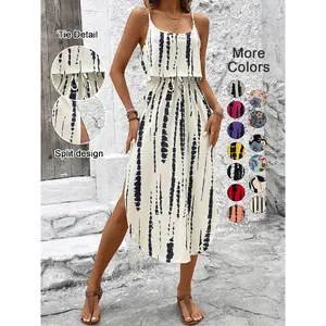 Ocean Style Women's Summer Tie-Dye Sleeveless Dress, Split Thigh Fitted Long Dress, Casual Vacation, Multicolor Floral Print