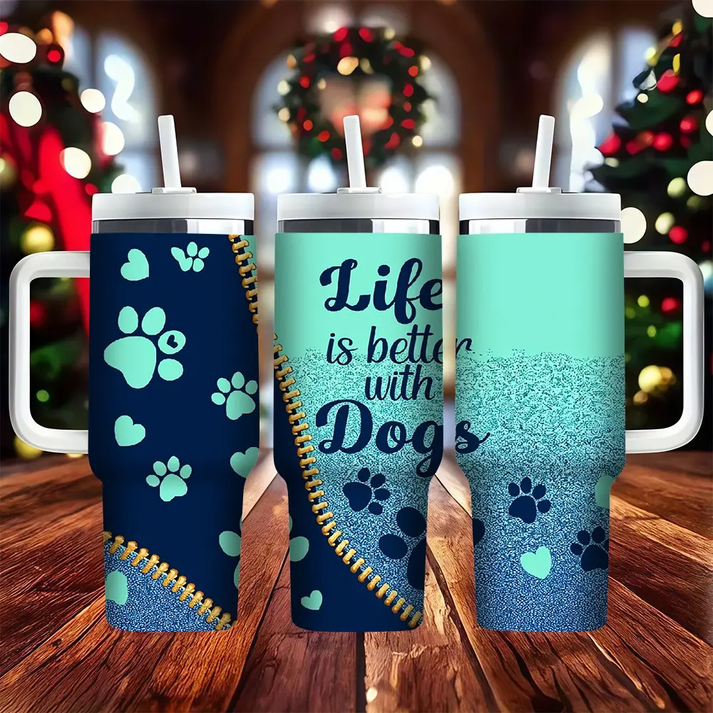 40-ounce dog footprint mug with handle and straw, insulated stainless steel travel mug, Thermos cup, Tumbler Drinkware, Coffee thermal cup, suitable for dog lovers, ideal as Christmas, Valentine's Day