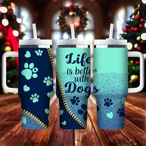 40-ounce dog footprint mug with handle and straw, "Life is better with your dog by your side" insulated stainless steel travel mug, Thermos cup, Tumbler Drinkware, gradient water bottle suitable for dog lovers, ideal as Christmas, Valentine's Day