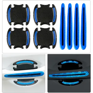 8pcs Car Handle Cup Protector Reflective Stickers, 3D Carbon Fiber Door Bowl Paint Scratch Protective Film, Night Visibility Door Cover Guard Strips, Warning Decals Universal for Most Cars paint scratch film