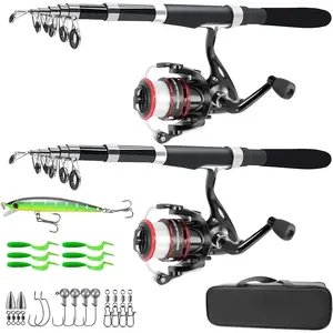 Fishing Pole Combo Set,2.1m/6.89ft 2 count Collapsible Rods 2 count Spinning Reels Lures Set Carrier Bag Carbon Fiber Telescopic Fishing Rods Sea Saltwater Freshwater Kit Fishing Rod Reel Combos