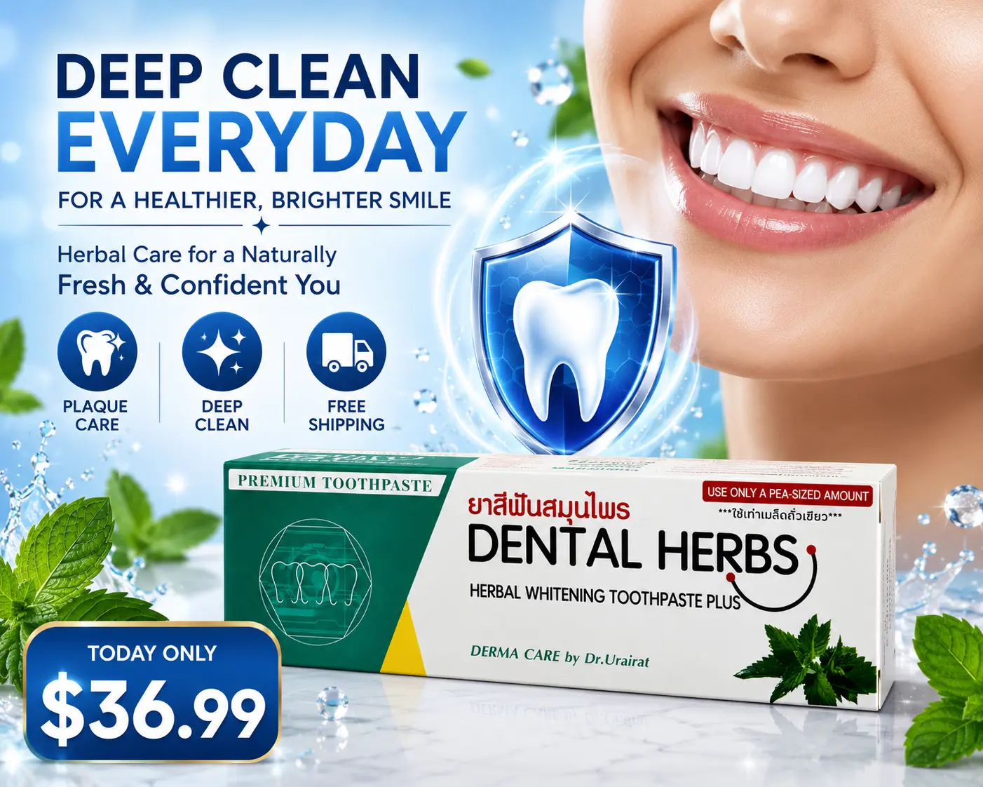 Dental Herbs By Dr Urairat, Plaque & Tartar Control Toothpaste | Herbal Whitening Formula | Fresh Breath | Healthy Gums | Made in Thailand | 80g