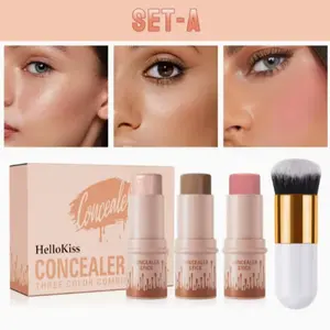 3-In-1 Cream Contour Set: Sculpting Stick, Blush Stick, Highlighter Stick, Matte Bronze Color, Non-Greasy Waterproof Formula
