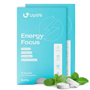 UPLIFE Focus and Energy Gum 20 Pieces – 40mg Caffeine + 80mg L-Theanine & Niacin Vitamin B3 & B12 – Nootropic Sugar-Free Low Natural Caffeine for...