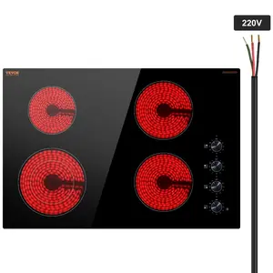 VEVOR Electric Cooktop, 30 inch 4 Burners Built-in Electric Stove Top, 7200W Ceramic Top Radiant Cooktop, with Glass Panel, Knob Control, 11 Heat Levels, 220-240V, Hard Wire (No Plug)