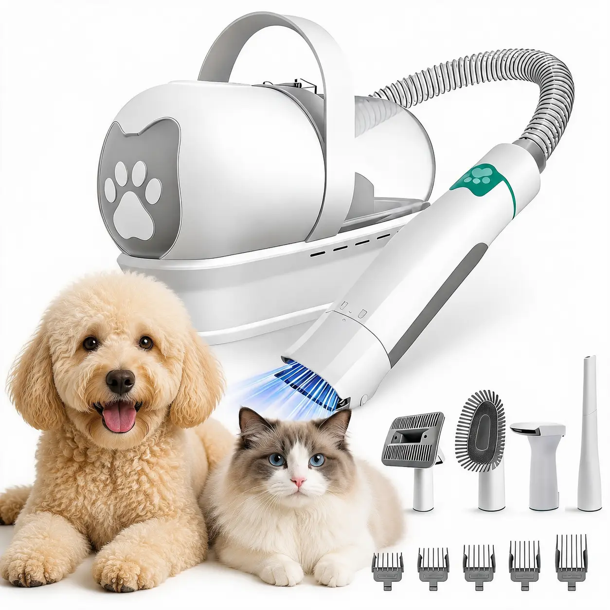 Pet Hair Vacuum Grooming Kit, 7-in-1 Dog Cat Clippers Nail Grinder Set, 6 Comb Attachments, 3-Speed Suction, Cordless Grooming Tool