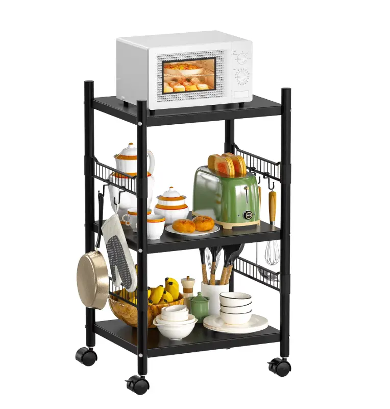 Kitchen Microwave Cart, 3-Tier Kitchen Metal Utility Storage Rack Cart, Rolling Bakers Rack, Rolling Microwave Stand with 4 Hooks for Kitchen, Living Room, Entryway
