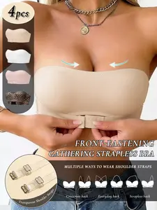 4 Pack Women's Strapless Wire-Free Bandeau Bra, Front Closure Push Up Lift, Anti-Slip Strips Stay Put, Convertible With Transparent Straps, Includes Leopard Print & Multi-Colors, Seamless Skin-Friendly, Perfect For Party Wedding Date