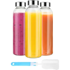 Clear Glass Bottles with Lids 18 oz, Reusable Glass Water Bottles with Stainless Steel Cap for Refrigerator Juicing, 100% Leak Proof BPA Free, Juice Bottle Drinking Jar Containers Set of 3