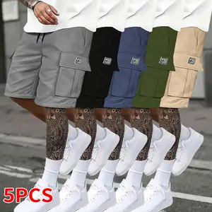 Men's Casual Pants 5-Pack with Elastic Waistbands, Cuffed Pockets, and Label Patches - Perfect for Summer Outdoor Wear