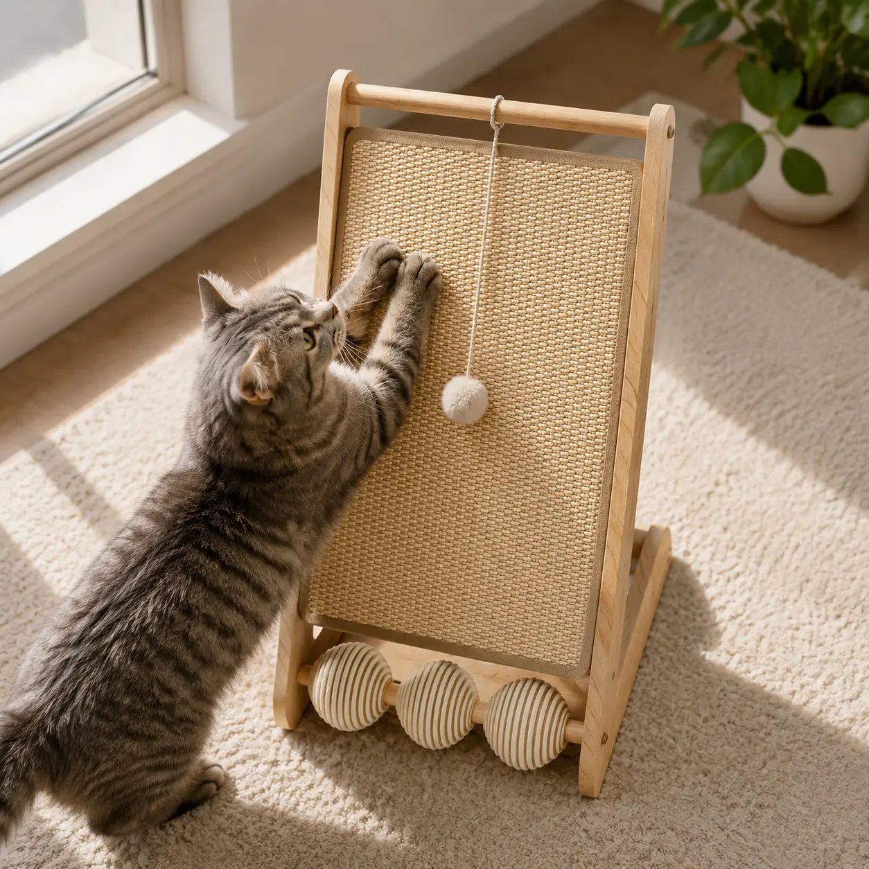 Vertical   Scratching , Solid Wood  Scratching Post, with Interactive Toy Ball scratcher ramp rascador paragatos Sloped Sisal  Scratcher Ramp multi-functional space-saving design scratch indoor cat furniture cardboard jute material play new  present