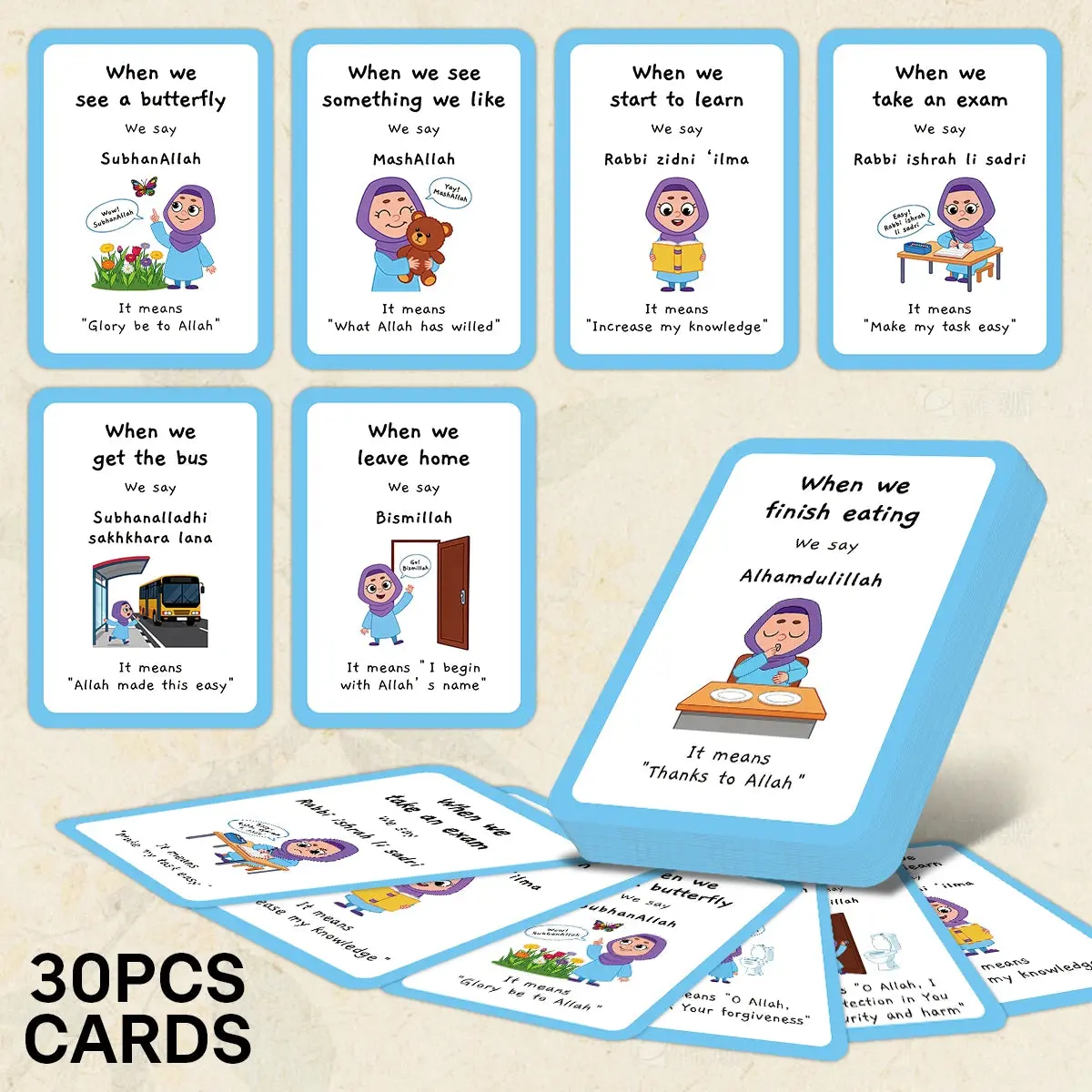 30pcs Muslim Islamic Dua Flash Cards for 8-10 Years Kids, Educational Supplication Learning Set, Ramadan Gift for School Use