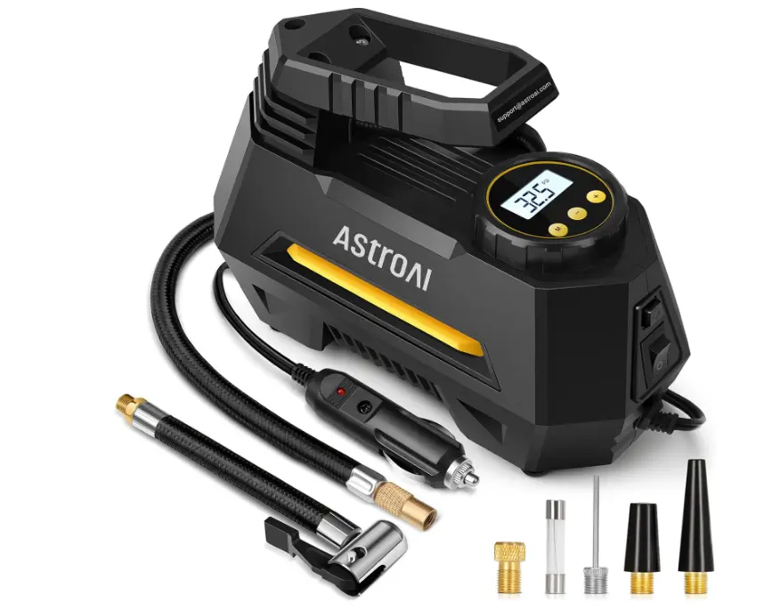 AstroAI Tire Inflator Portable Air Compressor Tire Air Pump for Car Tires - Car Accessories, 12V DC Auto Pump with Digital Pressure Gauge, Emergency LED Light for Bicycle, Balloons, Yellow