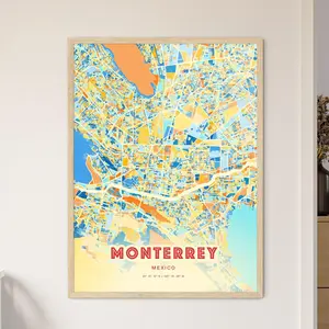 Colorful Monterrey Mexico Blue Orange Fine Art Print City Map Customizable Poster Personalized Gift