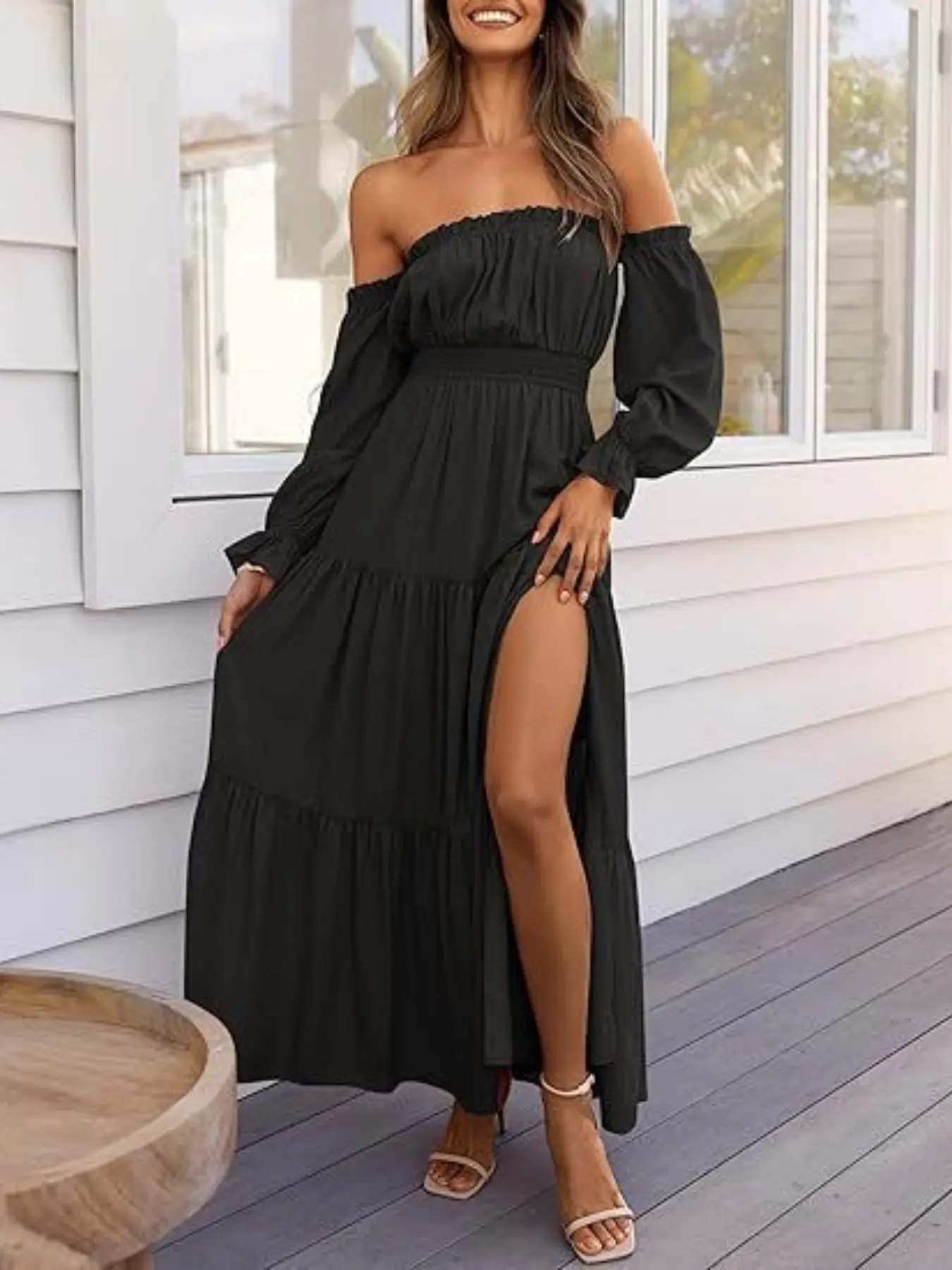 Women's Boho Style Off-Shoulder Long Sleeve Smocked High-Waist Side-Split Flowy A-Line Tiered Maxi Dress, Perfect for Casual & Party Wear - TikTok Shop Women's Boho Style Off-Shoulder Long Sleeve Smocked High-Waist Side-Split Flowy A-Line Tiered Maxi Dress, Perfect for Casual & Party Wear - TikTok Shop