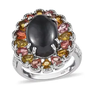 Black Tourmaline, Multi Color Tourmaline & White Zircon Halo Ring in Rhodium over Sterling Silver 9.10ctw