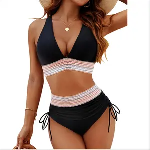 Women 2-pieces Stylish mom High Waisted Bikini Sets Tummy Control Swimsuits with Adjustable Wide Shoulder Straps Color Block  Drawstring Bathing Suit