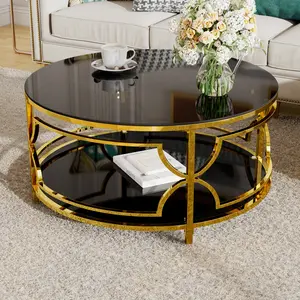 Round Tempered Glass Coffee Table in 30.7",Luxurious Geometric Metal Frame,Gold Finish & Lower Shelf, Black Round Tempered Glass Coffee Table in 30.7",Luxurious Geometric Metal Frame,Gold Finish & Lower Shelf, Black