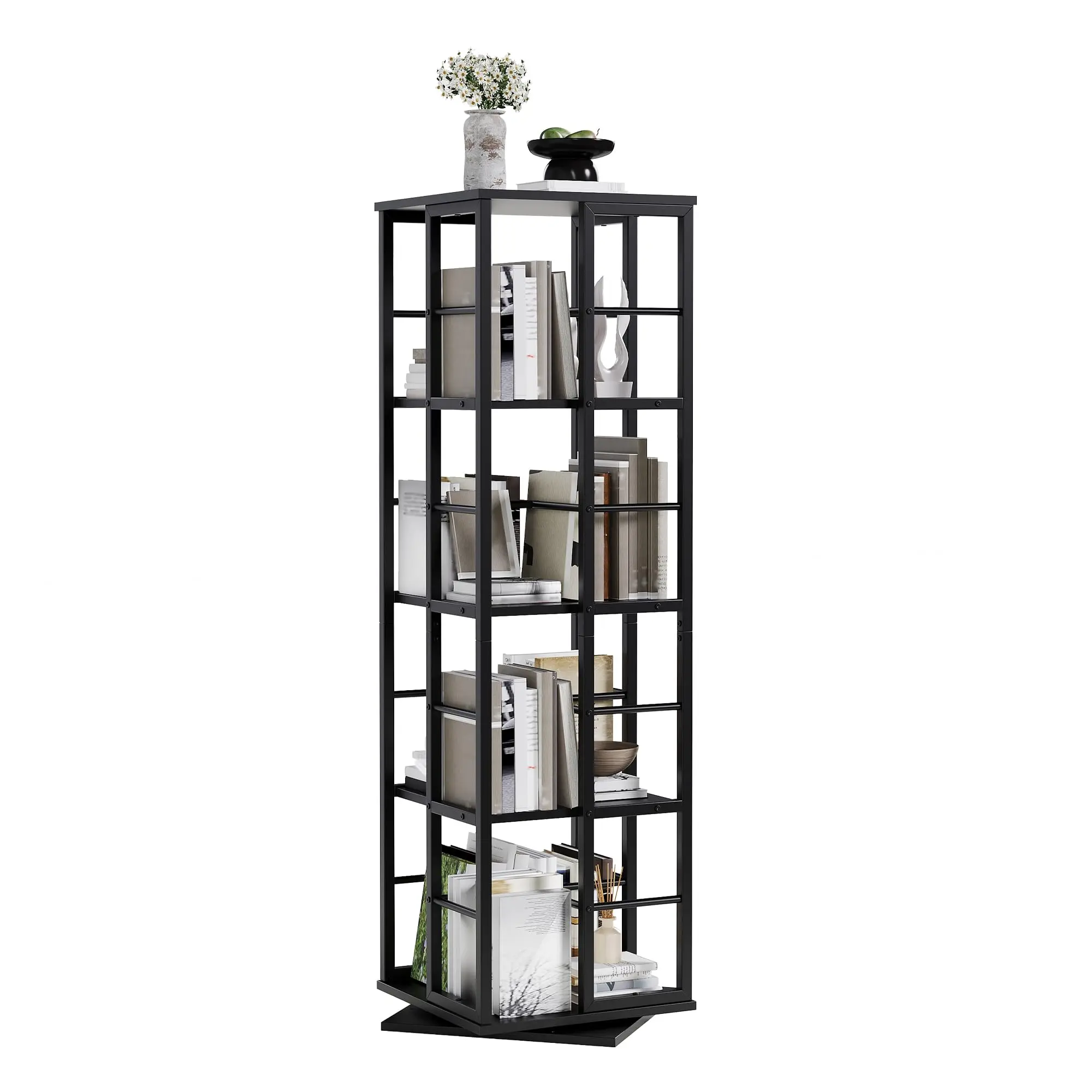 Garvee 360° Rotating Bookshelf Tower,54'' Tall Freestanding Office Bookshelf Tower,with Rails,for Bedroom, Living Room, Office, Study,Black