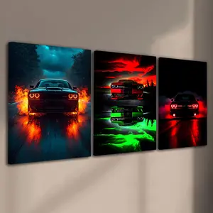3pcs/Set Wooden Framed, Abstract Car Challenger SRT Wall Art Canvas Painting, Supercar Poster, Modern Muscle Car Art Poster Print Wall Pictures, Ideal For Bedroom, Office, Living Room, Wall, Room, Home Decoration