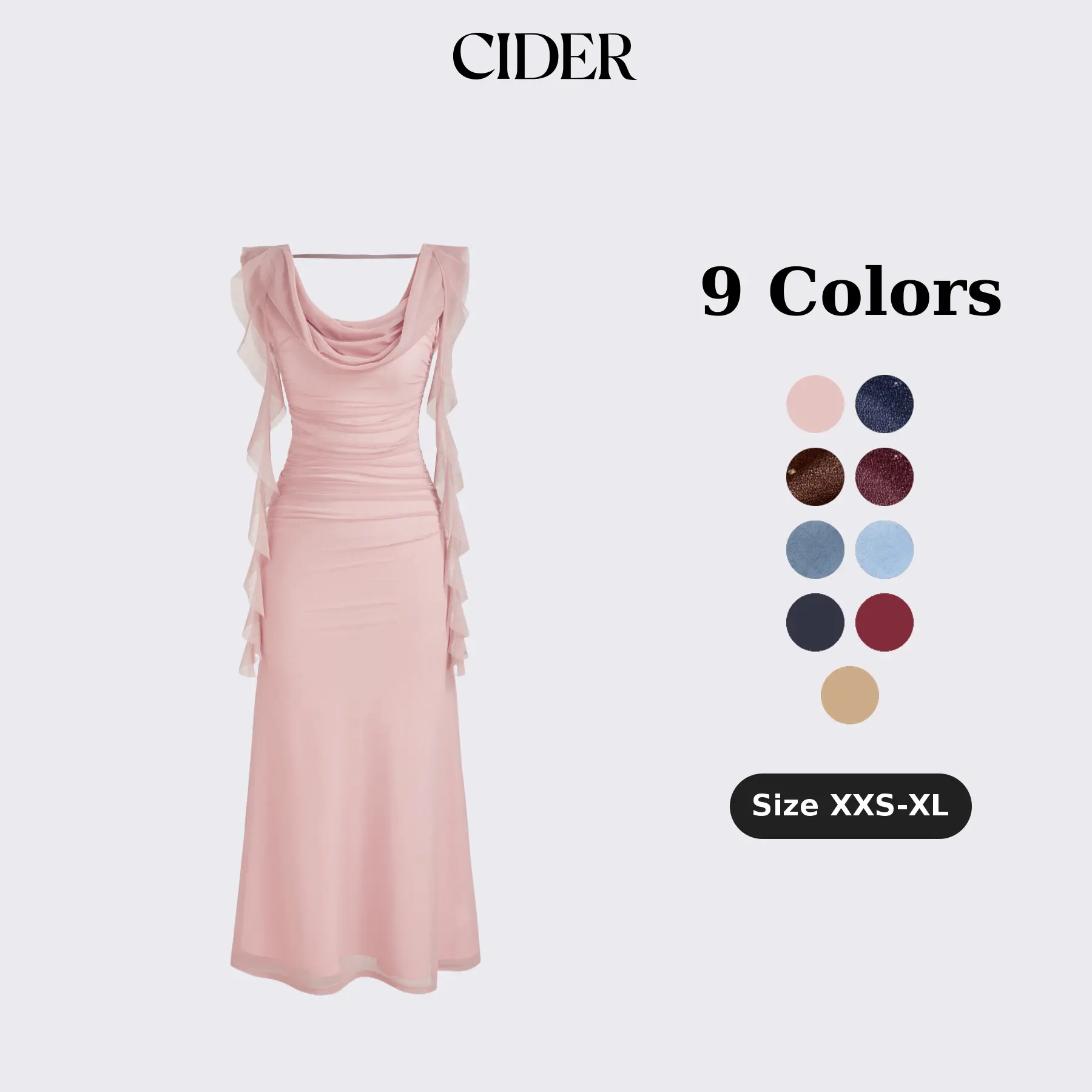 Cider Cowl Neck Solid Ruffle Hem Ruched Maxi Dress