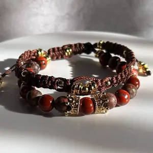 Elegant Red Leopard Skin Jasper and Red Jasper Gemstone Adjustable Double-Row Macrame Bracelet